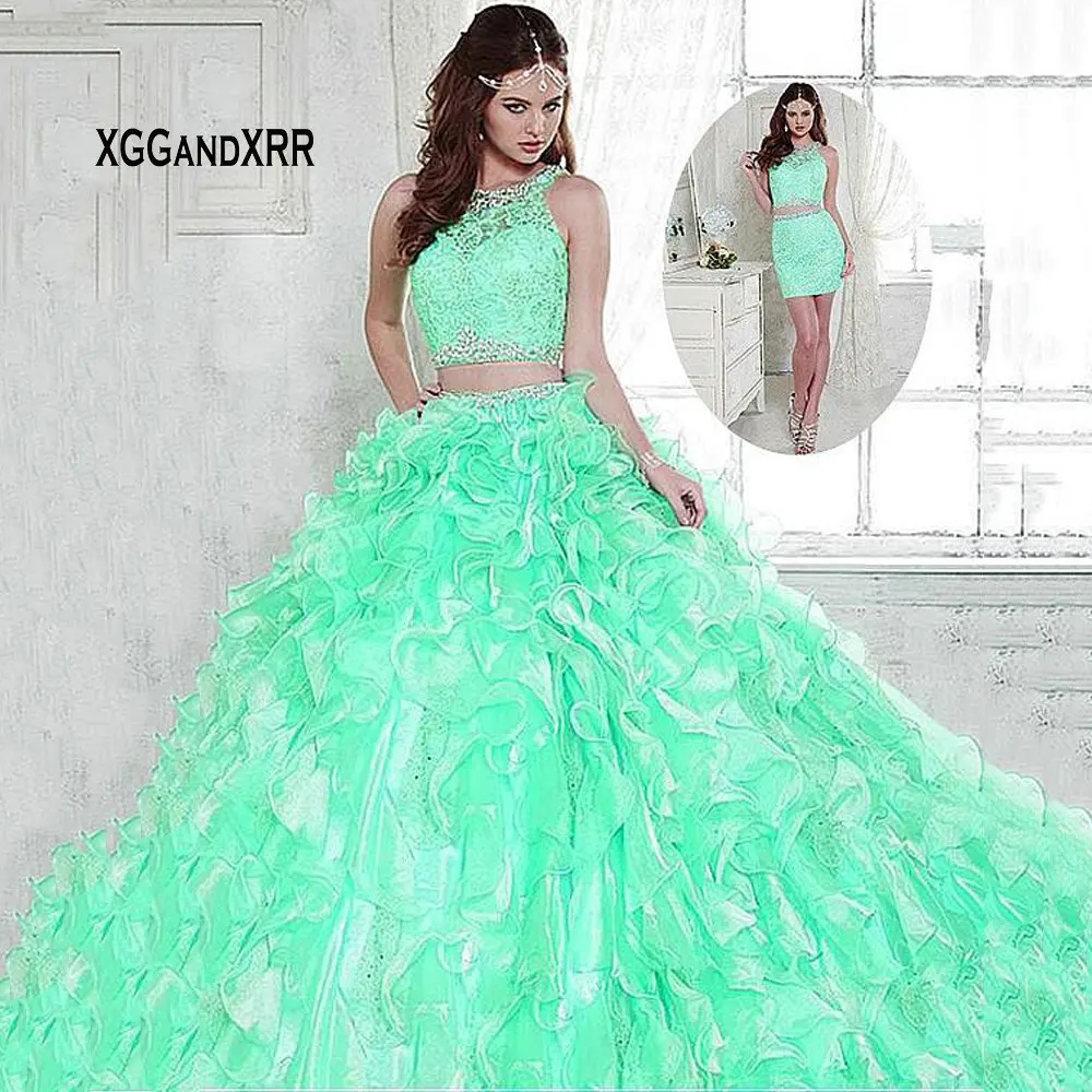 

Dress For 15 16 Mint Blue Two Pieces Detachable Train Organza Ruffles Ball Gown Quinceanera Dresses 2019 Scoop Tank Crystal Gown