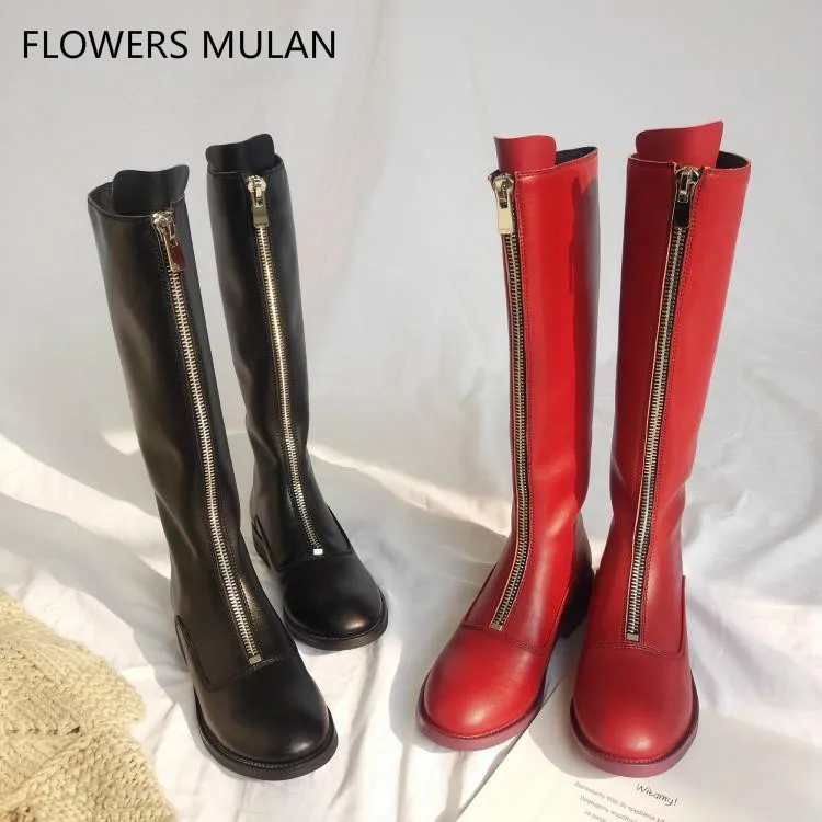 

Red Black Leather Boots Women Knee High Round Toe Low Chunky Heel Ladies Booties Front Zipper Shoes Woman Fashion Show Botas