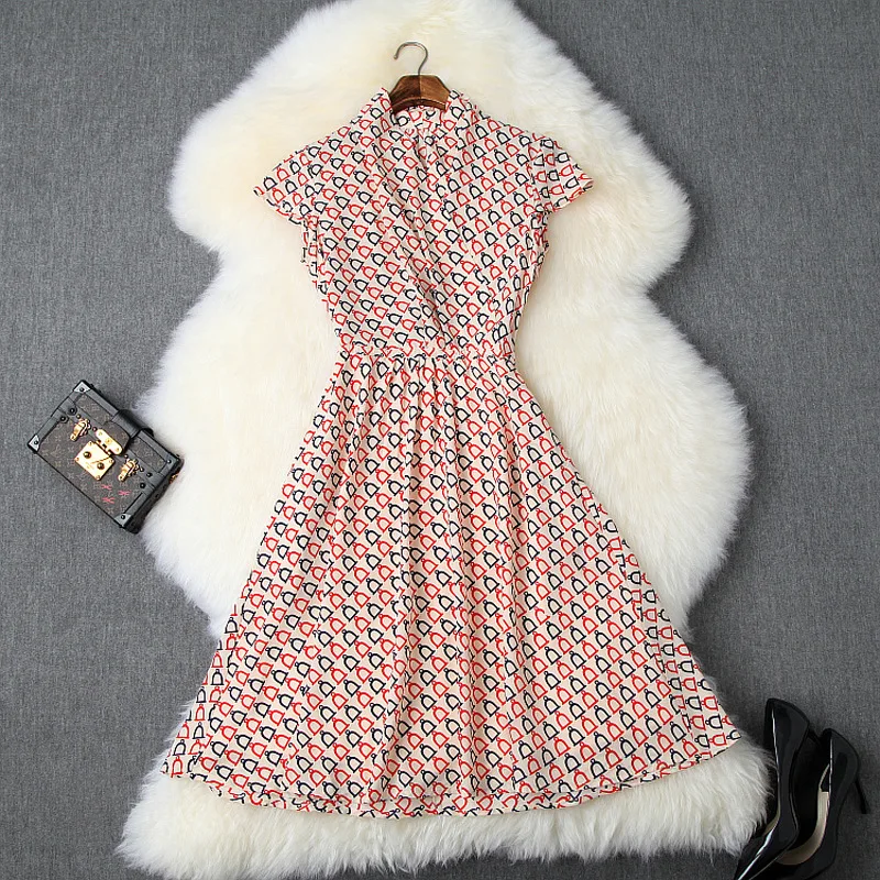 

Chiffon Dress Summer Women 2019 New Fashion Printed V-Neck Short Sleeves Slim A-Line Casual Dress Knee Length S-XL