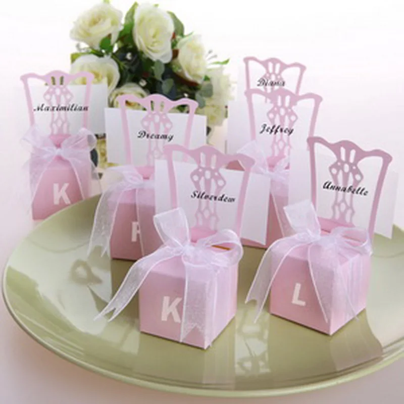 36 шт монограмма, инициалы розовый Сувенирная Коробка в виде стула с лентой и место карты уникальный для свадебной вечеринки сувениры