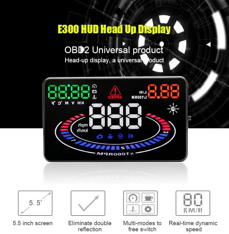 

First 2D Visual Car HUD E300 5.5 Inch Car Data Head Up Display Auto Brightness Adjustment Multi Color OBDII or EUOBD Competiable
