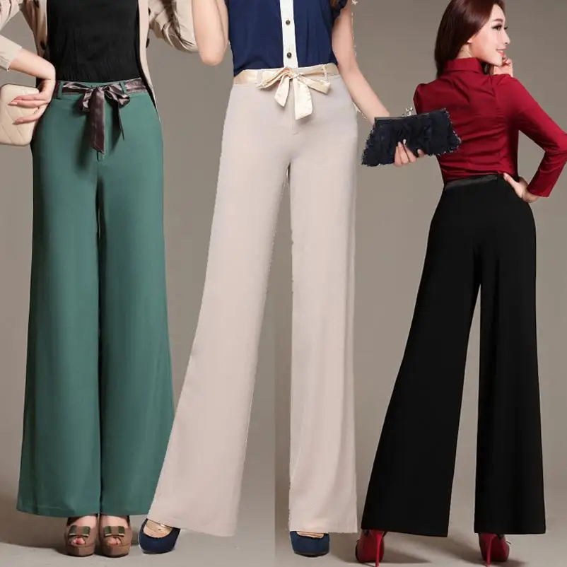 Women Long Pant bow Belt Wide Leg Pants Black Casual Loose Trousers