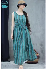 LinenAll summer cool ramie twist green abstract pattern round neck sleeveless waistline dress