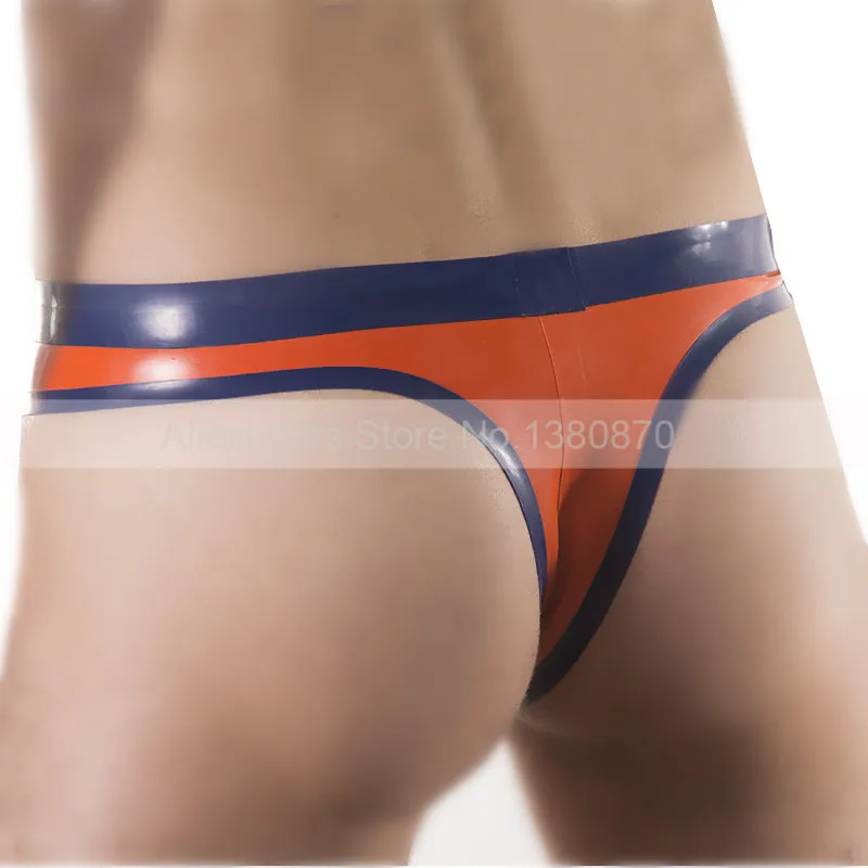 Sexy Rubber Latex Men Briefs Customised Thongs T-back Male Orange and Dark Blue Trims Supply Plus Size Shorts S-LPM050