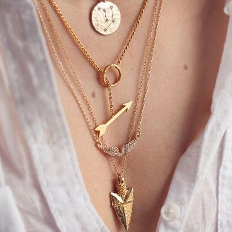 

2016 Women Handmade Fashion Choker Summer Style 4 Layer Arrow Design Necklace Pendant Charm Gold Choker Necklace Women Jewelry