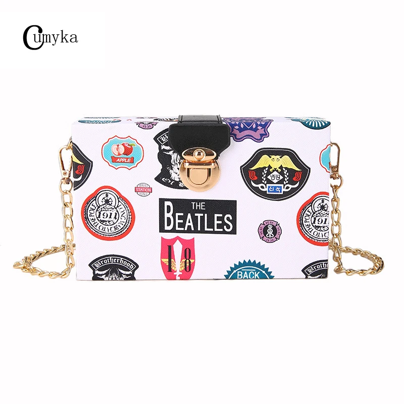 

CUMYKA Chain Lock Small Bag Women New Fashion Box Cartoon Letter Printing Shoulder Bag Mini Crossbody Hard Handbags Party Lady