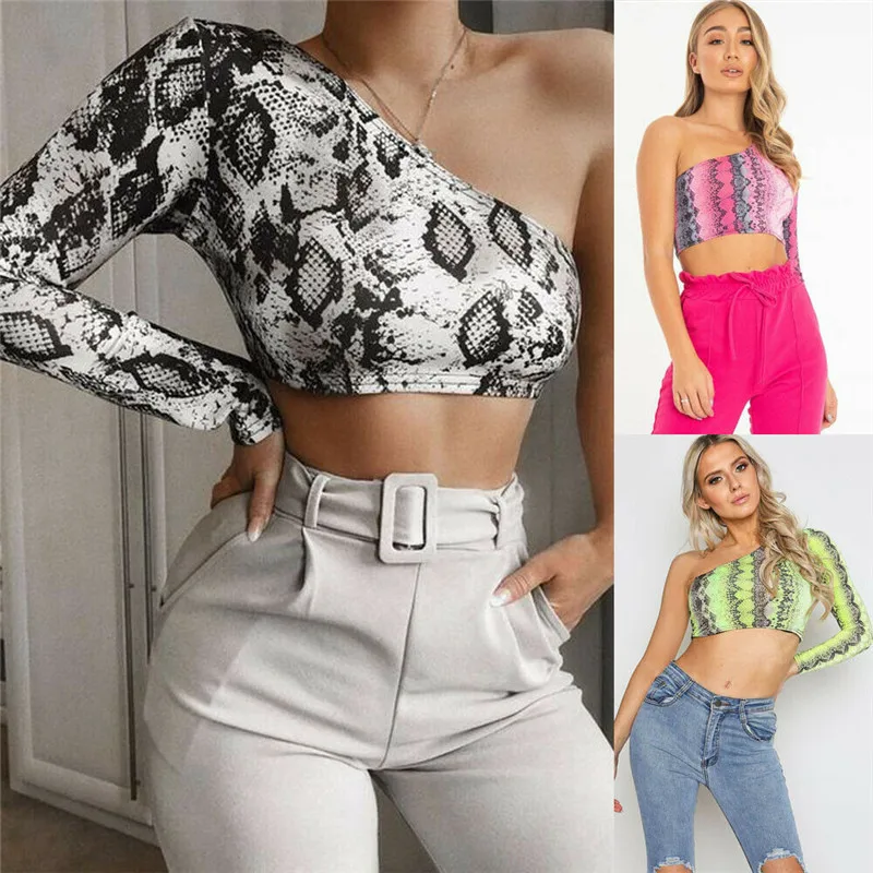 

Sexy Women Long Sleeve Snake Skin Print Single Shoulder T-shirt Crop Top Off Shoulder Bra Slim Fitness Slim T-shirt Club Outwear