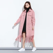 Europen Women s Lapel Pink Big Size Coat 2017 Spring Long Fringed Suede Tassel Windbreaker Coat