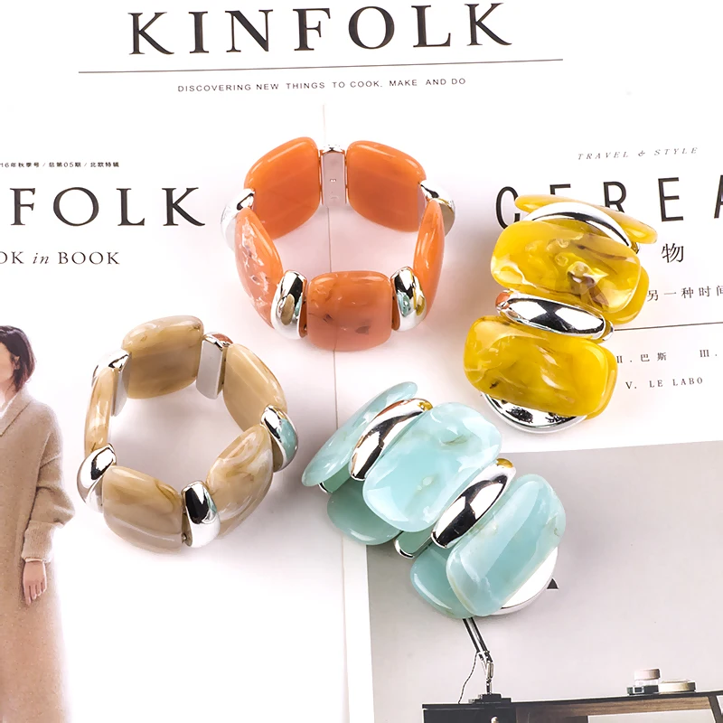 Classic Geometric Resin Cuff Fashion Bracelets Bangles for Women Stretch Acrylic Silver Metal Wide Bracelet Female Charm Jewelry (1)