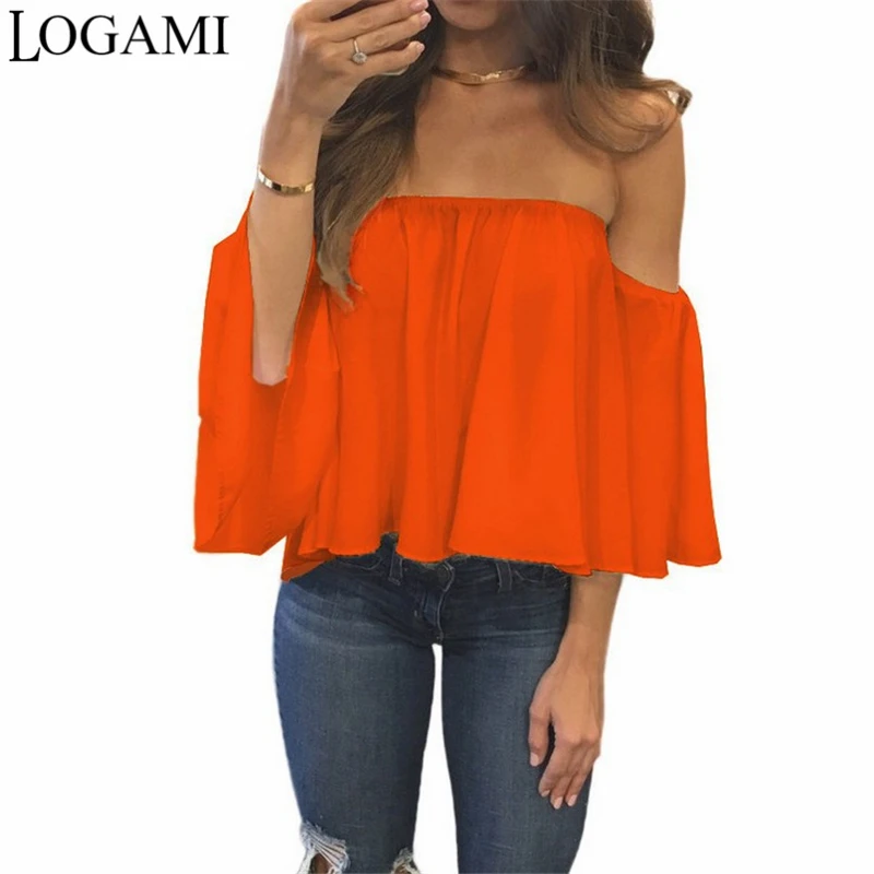 

LOGAMI Off Shoulder Tops And Blouses For Women Sexy Chiffon Ruffles Blouse Ladies Loose Casual Top Blusas Mujer De Moda 2017