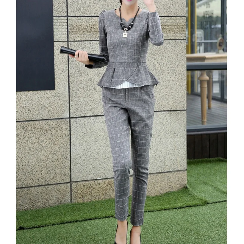 Ellacey New Spring Autumn Fashion Women's Business Pants Suits Office Lady Plaid Checker Ruffles Suits For Women 2 Pieces Set