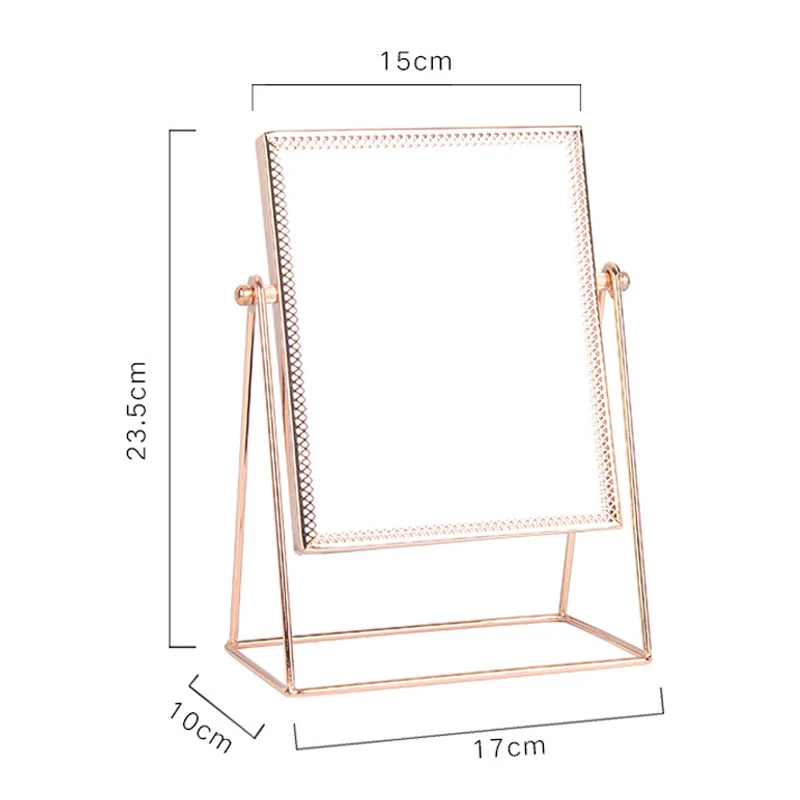 Металлическая настольная подставка для принцессы, зеркало в персональной раме, боковое зеркало для макияжа, вращающееся на 360 градусов, розовое золото, трехугольное сиденье, обтекаемое