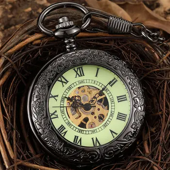 

Retro Steampunk Hand Wind Mechanical Pocket Watch Men Antique Green Dial Black Roman Numerals Necklace Fob Watch Pocket Gift