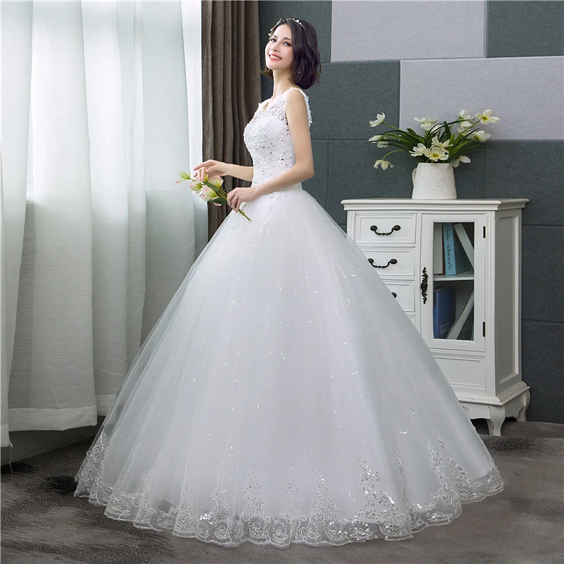 Cheap Korean Style V-Neck Lace Tank Sleeveless Floral Print Ball Gown Wedding Dress (NYFW)