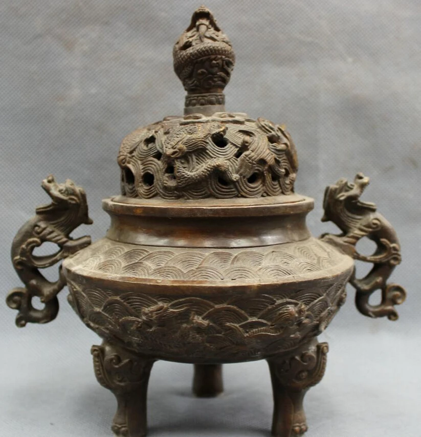 

song voge gem S3143 8" Folk Tibet Bronze Copper Dragon Unicorn Head Statue Incense Burner Censer