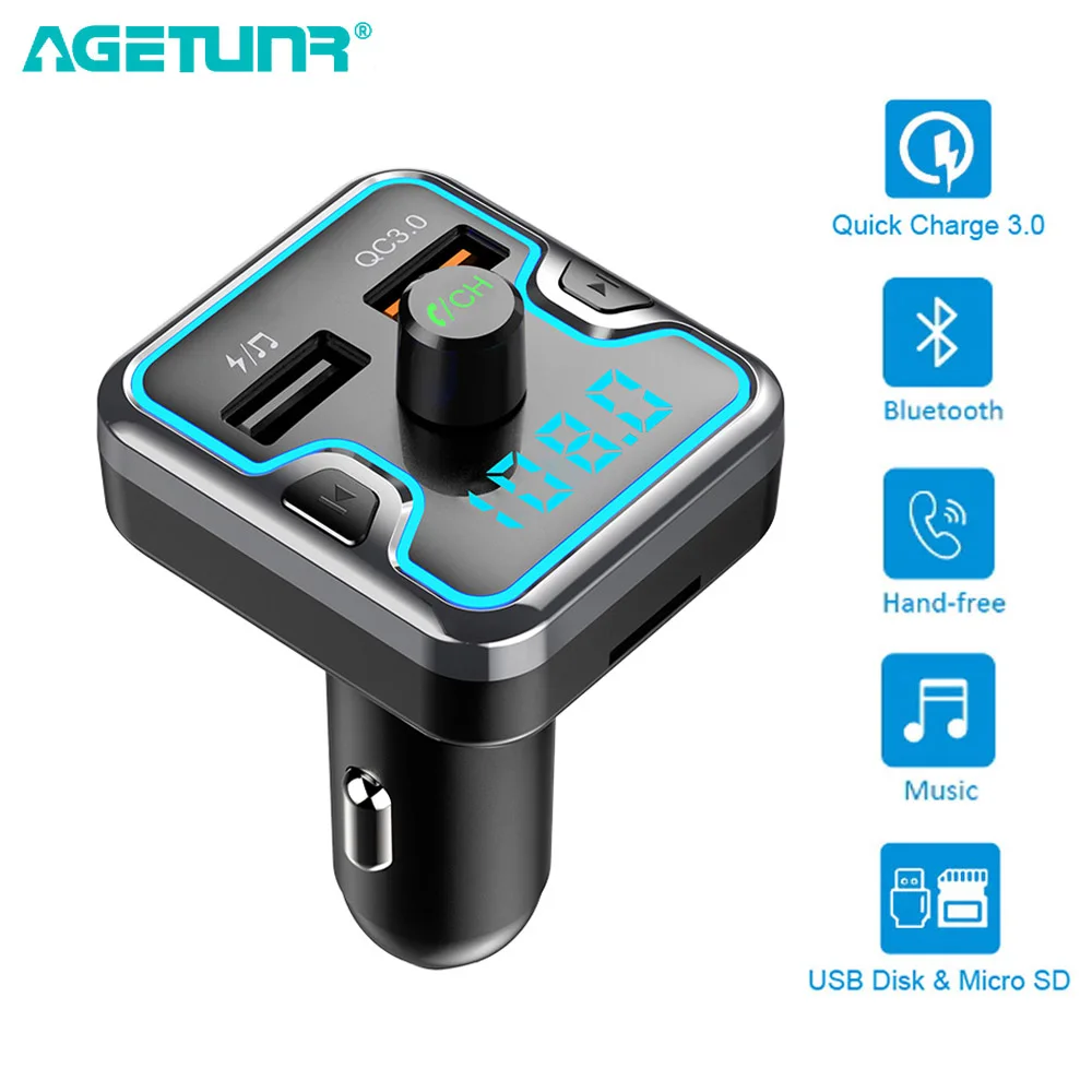 AGETUNR T45 QC3.0 Quick Dual USB Car Charger for iPhone Mobile Phone Handsfree FM Transmitter Bluetooth Car Kit MP3 Player