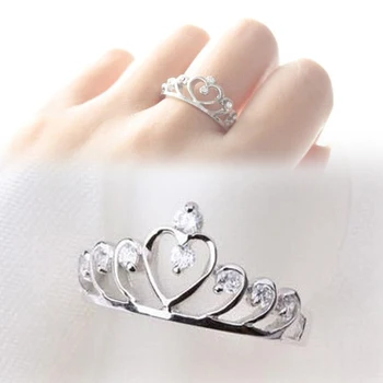 

Trendy Rhinestones Inlaid Hollow Out Heart Crown Shaped Gold silver color Plated Woman Ring