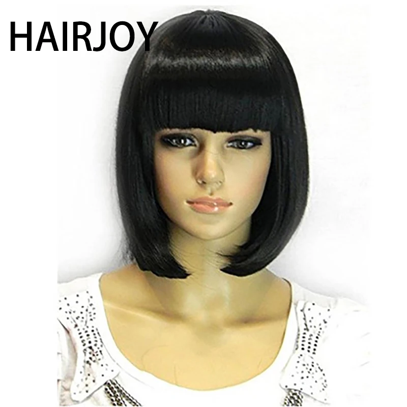 Miglior HAIRJOY Rettilineo Nero Sintetico Parrucche Completa Bangs Per Le Donne di Media Lunghezza Dei Capelli Bob Parrucca Resistente Al Calore Bobo Acconciatura Parrucche di Cosplay