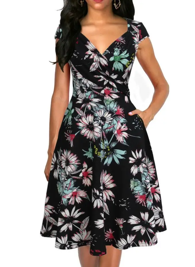 Berydress, женское платье с коротким рукавом и рюшами, в горошек, а-силуэт, пышное, свободное, приталенное, Vestidos, для свадьбы, вечеринки, летнее, расклешенное платье с карманом - Цвет: black floral