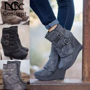 

Coolcept 4 Colors Size 34-43 Woman High Heel Boots Metal Buckle Platform Zipper Comfortable Ladies Ankle Boots Woman Footwear