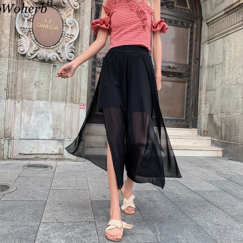 

Woherb Summer Translucent Chiffon Wide Leg Pants 2019 Calf Length Elastic High Waist Skirts Pant Beach Wear Thin Pantalon Femme