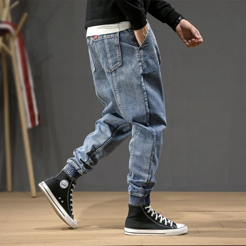 Модная уличная одежда, мужские джинсы синего цвета, свободные, сшитые, дизайнерские штаны-шаровары, размер 28-42, свободные, в стиле хип-хоп, мужские джинсы для бега