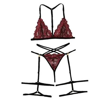 

2019 summer Fashion Women Sexy Bra CorsetSexy Exquisite Lace Lingerie Bra+Garter+Briefs Set Babydoll Cut-Out Sleepwear#3G