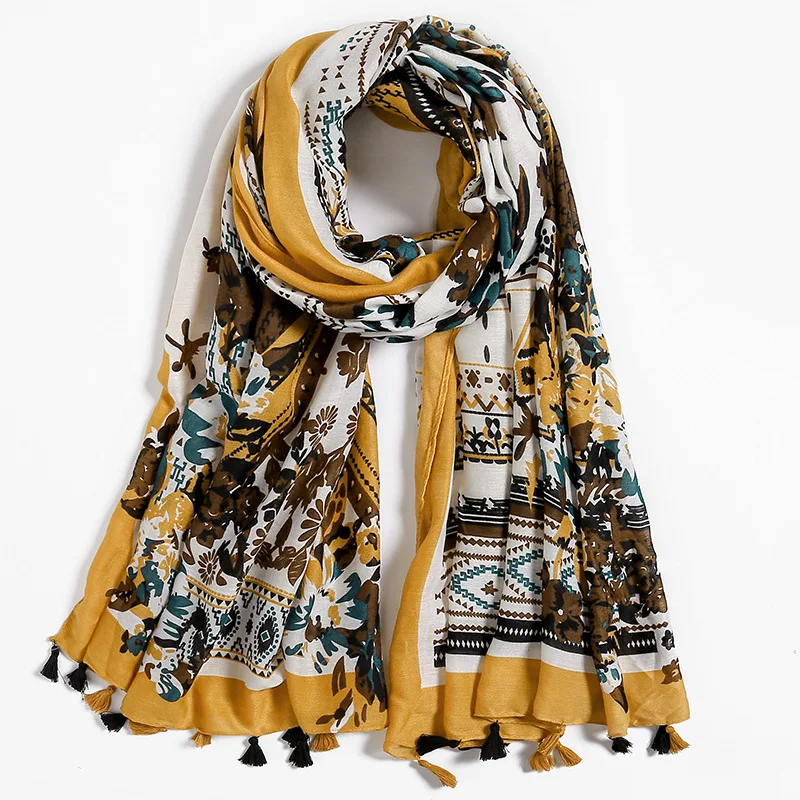 

Hot 2019 Women Autumn African Floral Tassel Viscose Scarf Luxury Brand Shawls and Wraps Soft Warm Cover-Up Muslim Hijab 180*90Cm