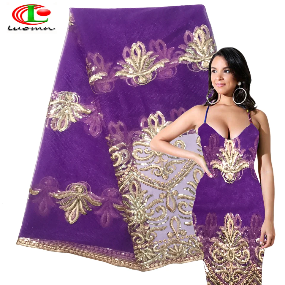 Green And Gold Sequined African Lace Fabric For India Evening Party Dress Fabrics 2018 New