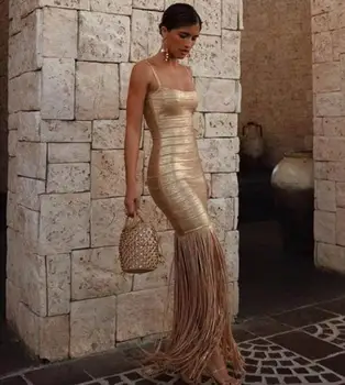 

Top Quality Sexy V Neck Bronzing Tassel Gold Maxi Long Bandage Dress 2019 Celebrity Designer Fashion Dress Vestido