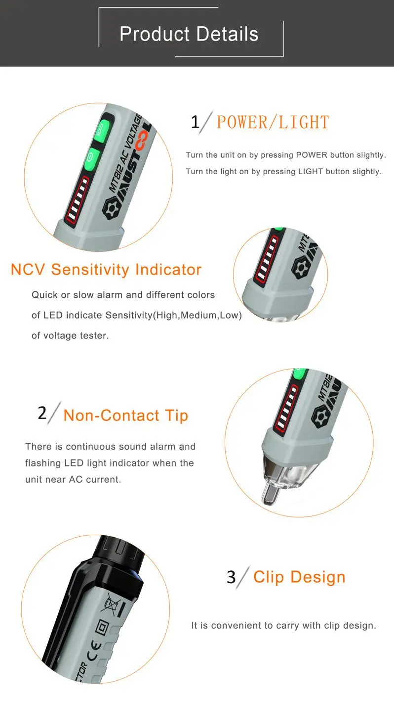 MUSTOOL MT812 Многофункциональный AC 12-1000 В бесконтактный Тестер Напряжения Ручка детектор напряжения светильник и звуковая сигнализация