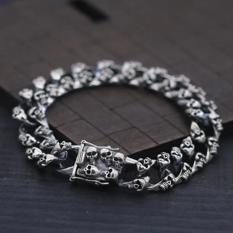 

S925 Sterling Silver Bracelet Bangle Punk Biker 12mm Curb Flat Chain Wide Weird Skull Thai Silver Bracelet Personality