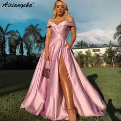 Розовые платья для выпускного вечера 2019 v-образным вырезом без рукавов трапециевидной формы с карманом Сатиновые с разрезом по бокам