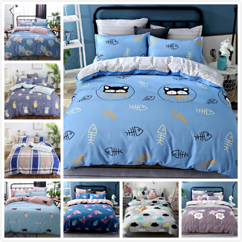 Cute Kitty Cat Eat Fish Pattern Blue Duvet Cover 3 4 Pcs Bedding