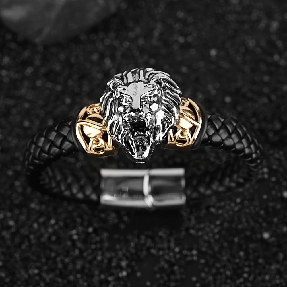 Lion Skull Eagle Punk Woven Bracelets Men Hot Sale Charm Bracelet Male Steampunk Skeleton Bangle Chain Black Leather Bangles (8)