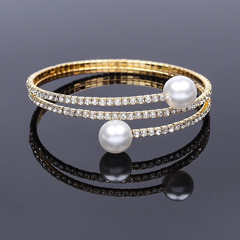 

New Arrival Multilayer Crystal Pearl Open Bracelet For Women Girls Adjustable Gold Color Bangle Wedding Jewelry Accessories