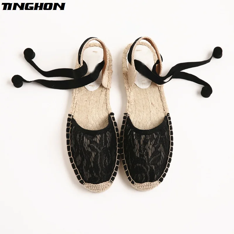 

Summer Women Espadrilles Ankle Strap Platform Sandals LACE Black White Lace up Women Flat Sandals