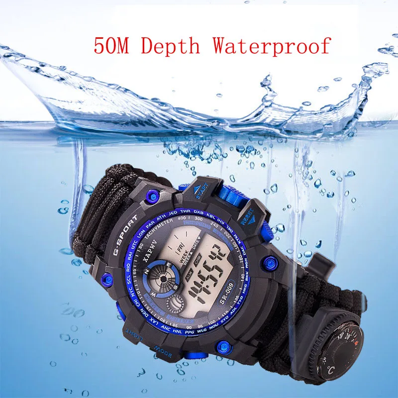 

Multi Function Outdoor Survival Bracelet, Night Vision 50M Waterproof Watch Knife Compass Thermometer Whistles First Aid Kits