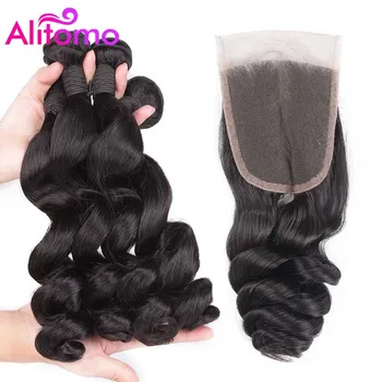 

Alitomo Loose Wave Bundles With Closure Brazilian Hair Weave Bundles With Lace Closure 4*4 Remy Human Hair Bundles With Closure