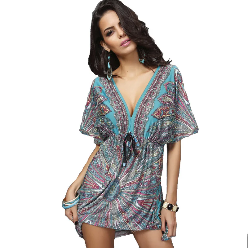 

Fashion Beach Dress Summer Sexy Deep V European Style Bohemian Print Women Clothes Vestidos De Festa Female Dresses One Size