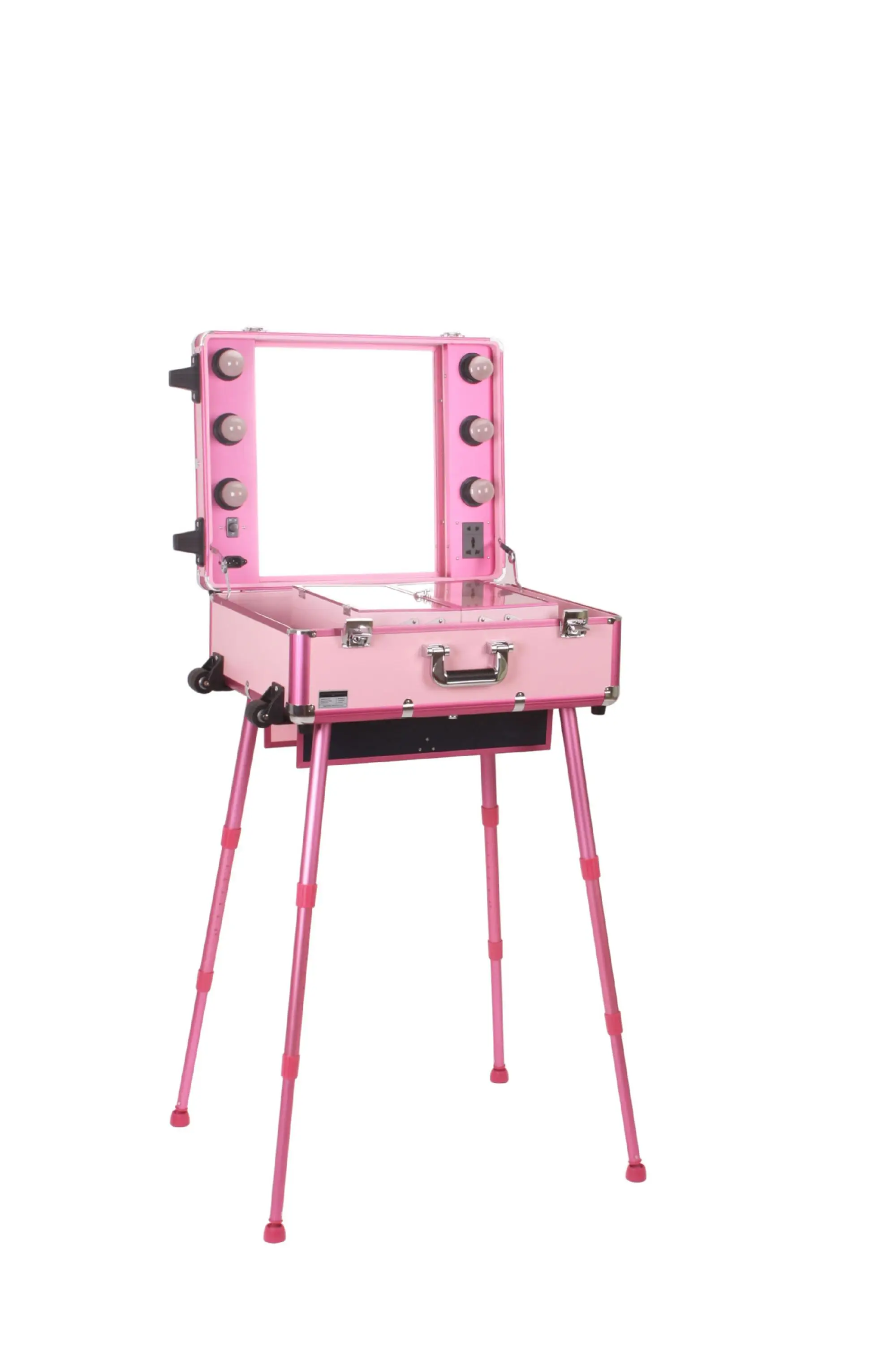Rolling Studio Makeup Artist Cosmetic Case w/ 6x 40W Light Bulb Adjustable Leg Mirror Cosmetic Black Train Table Rolling Studio Makeup Artist Cosmetic Case w/ 6x 40W Light Bulb Adjustable Leg Mirror Cosmetic Black Train Table