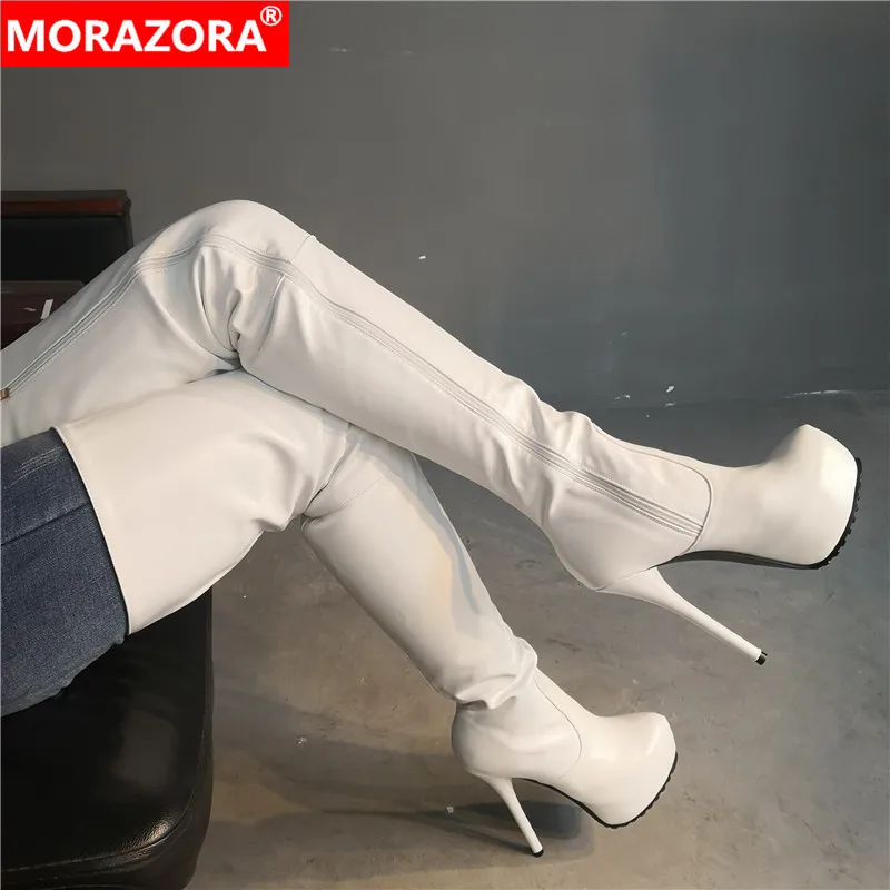 

MORAZORA 2019 hot sale over the knee boots women pu round toe zip spring autumn high heels platform boots woman prom shoes