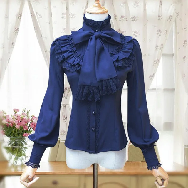 Винтажная женская рубашка в стиле Лолиты, Готическая шифоновая блузка с оборками, femme ete, блузы с длинным рукавом, черная, белая, бордовая летняя рубашка - Цвет: blue woman shirt