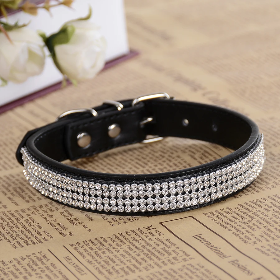 Diamante Rhinestones Dog Collar Fashion Pink Black Leather Collar For