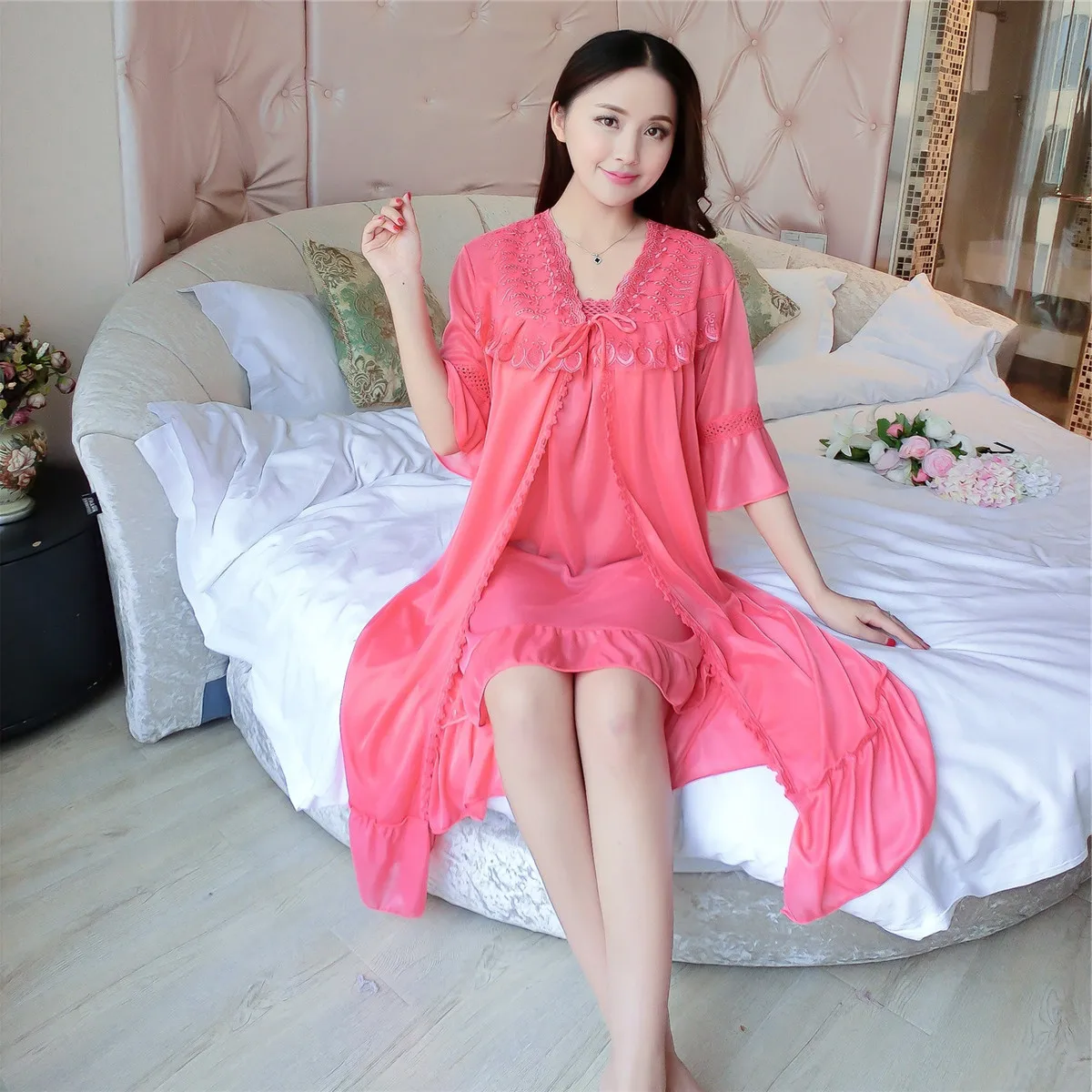 Set = Nightdress + Outwear Vintage Sleep Lounge Laced Ruffle Night Dress Summer Autumn Sleepwear Cool Silk Loose Long Nightdress