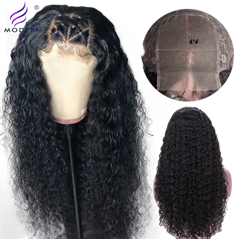 Modern Show 4*4 Lace Closure Wig Brazilian Curly Human Hair Wigs Pre Plucked with Baby Hair High Radio Remy Wig 150%Density