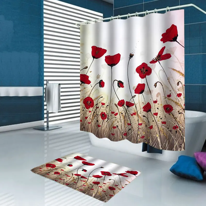 Günstig 4 Pcs Tinte Malerei Dusche Vorhang Bad Teppich Set Bad Matte Blume Wasserdichte Polyester Stoff Badezimmer Dusche Vorhang Set