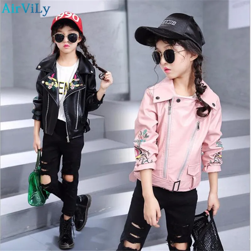 

2018 Spring Cool Girls Pu Leather Jacket Embroidery Autumn Chic Children Kids Punk Clothes Coats Big Baby Girls Jackets Outwear