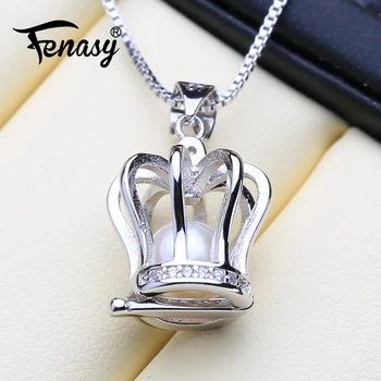 

FENASY Genuine Natural Freshwater Pearl Necklace For Women Fashion 925 Sterling Silver Cage Pendant With White Round Pearl