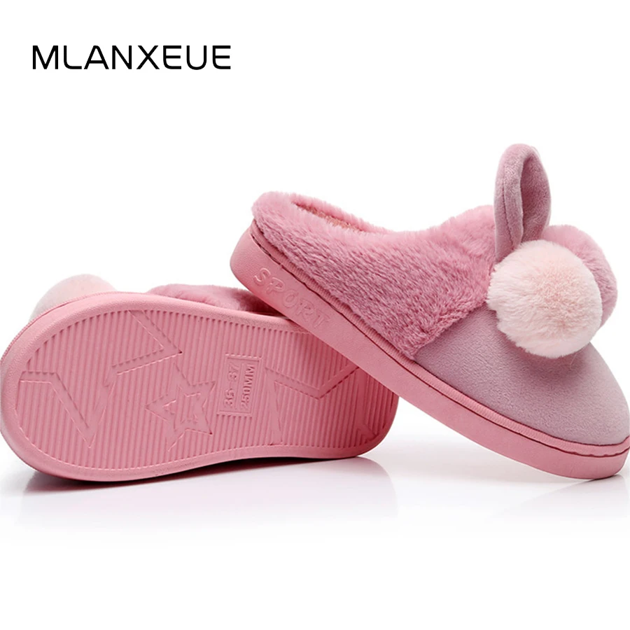 

MLANXEUE Rabbit Ears Plush Women Cotton Slippers Sweet Hairball Warm Slippers For Lady Shoes Women Winter Fashion Slip On Shoes